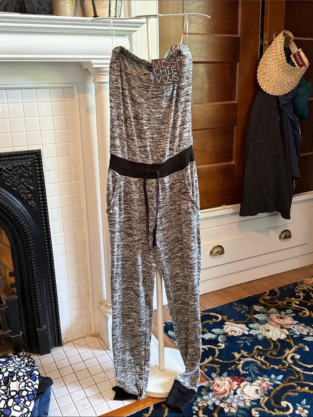 Miss Chievous Marled Gray Strapless Jumpsuit with Black Waistband